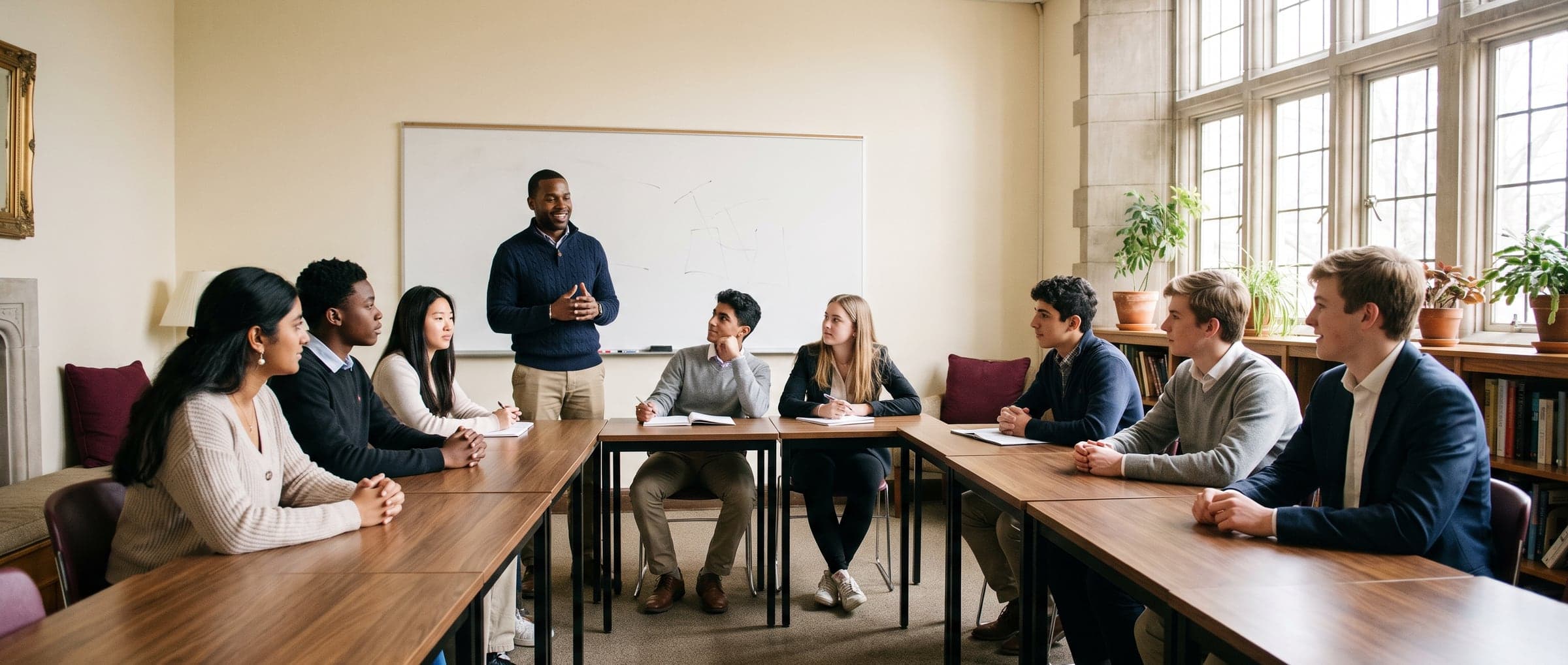 A small evening class in discussion