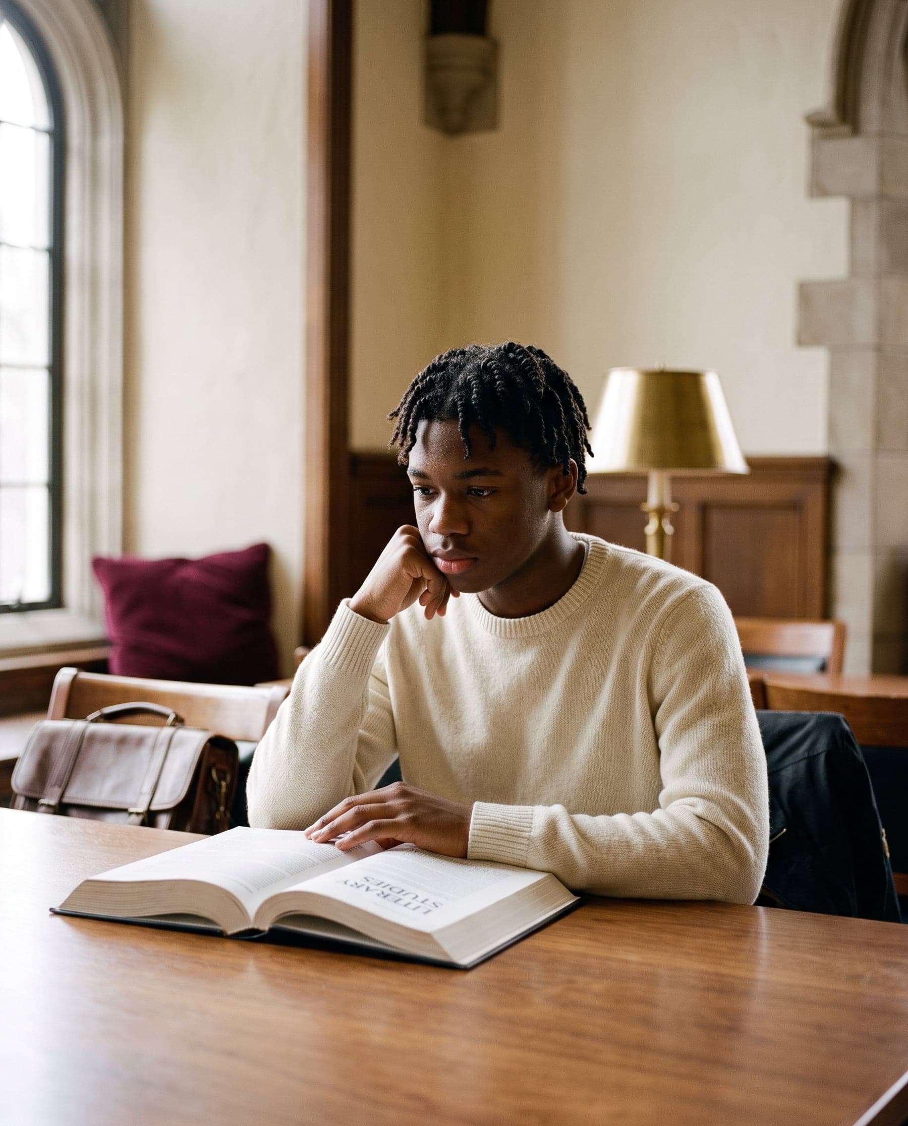 A student reading thoughtfully by a classroom window