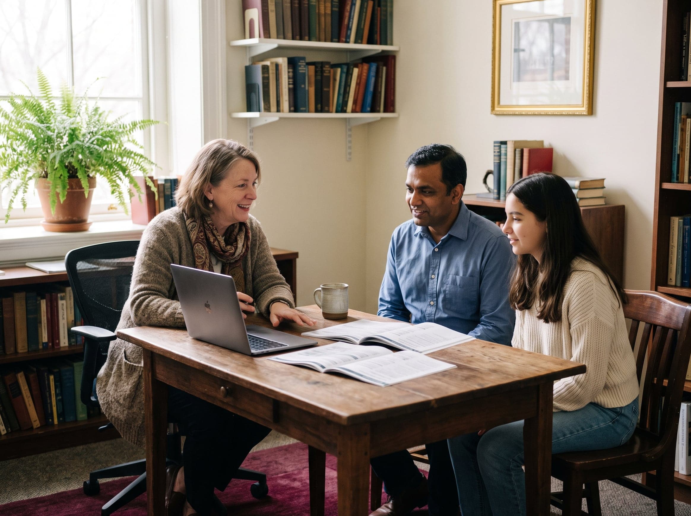 An advisor reviewing a course plan with a student and parent