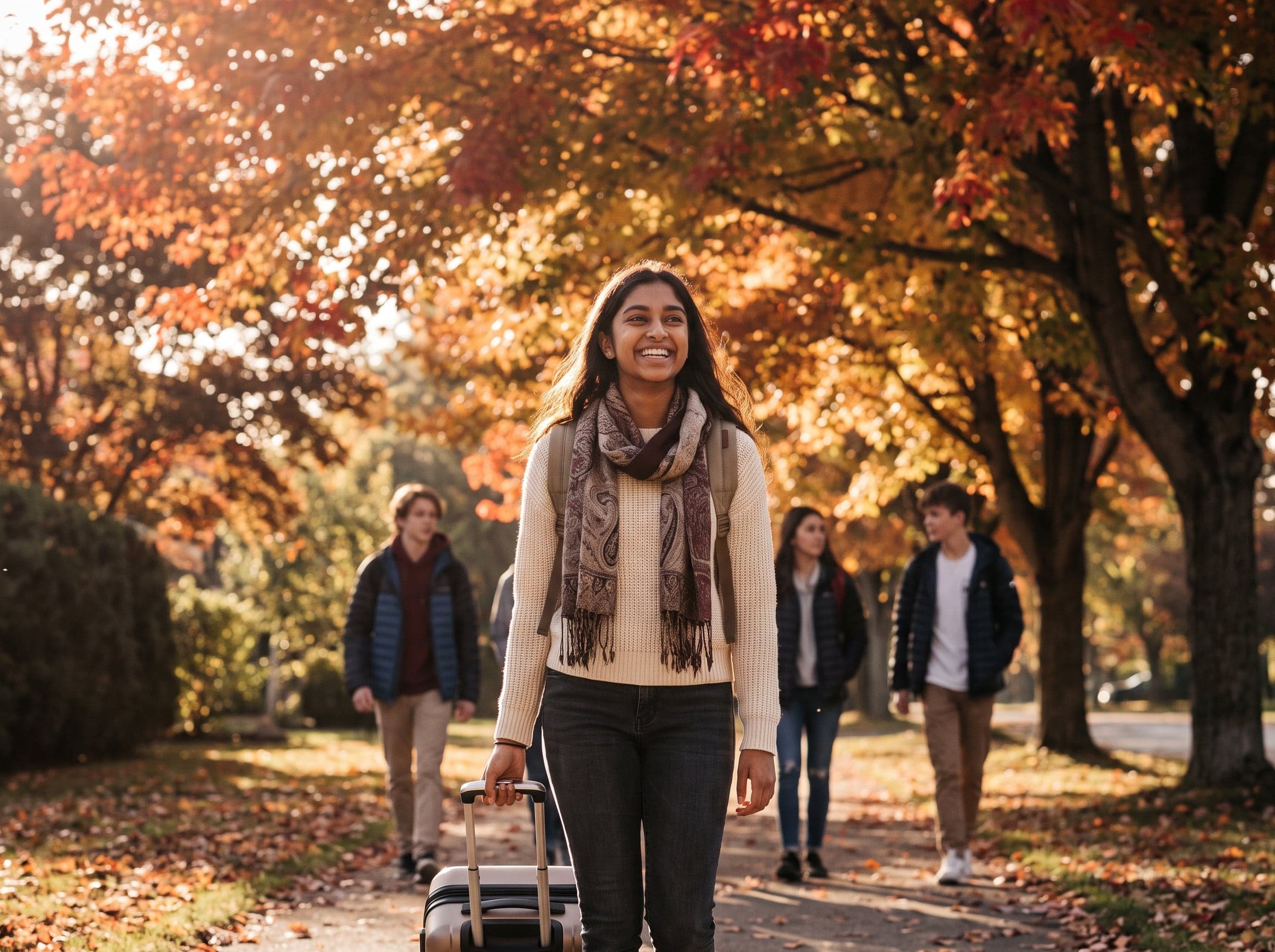 An international student arriving on a tree-lined path in autumn
