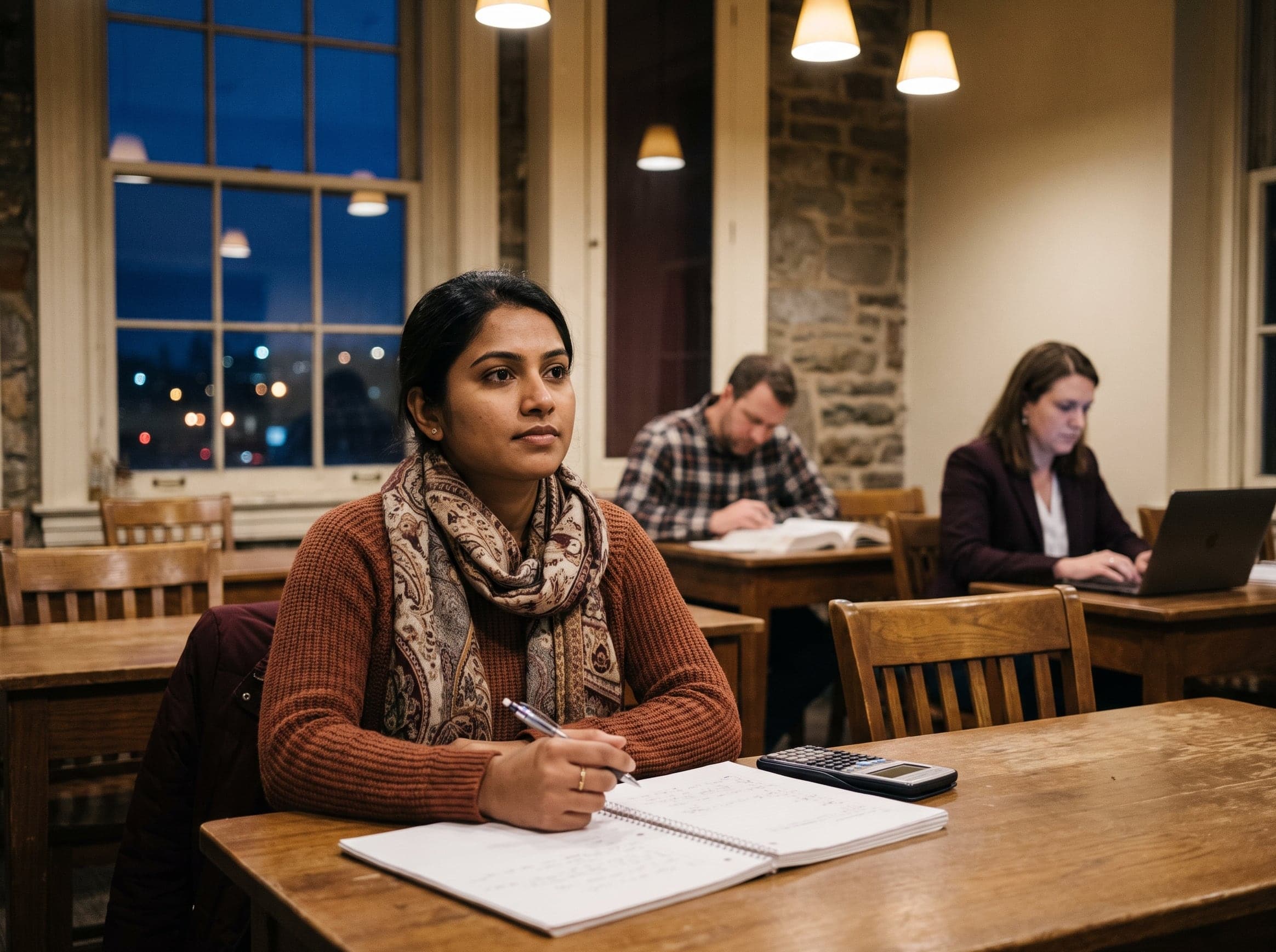 An adult learner taking notes in an evening class