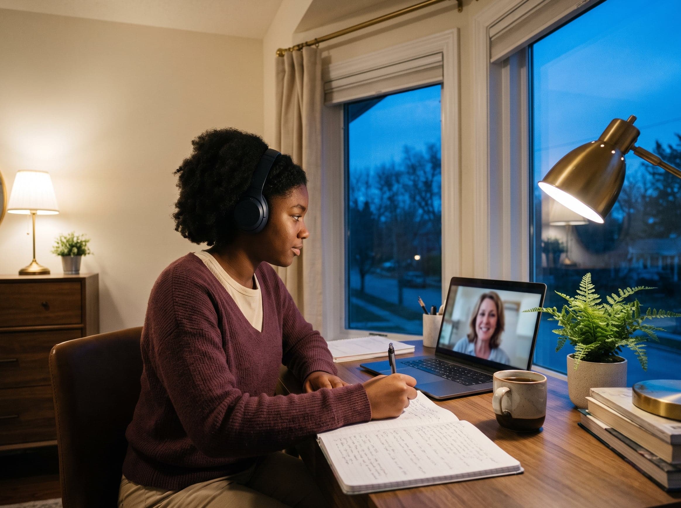 A student taking notes during a live online class at home