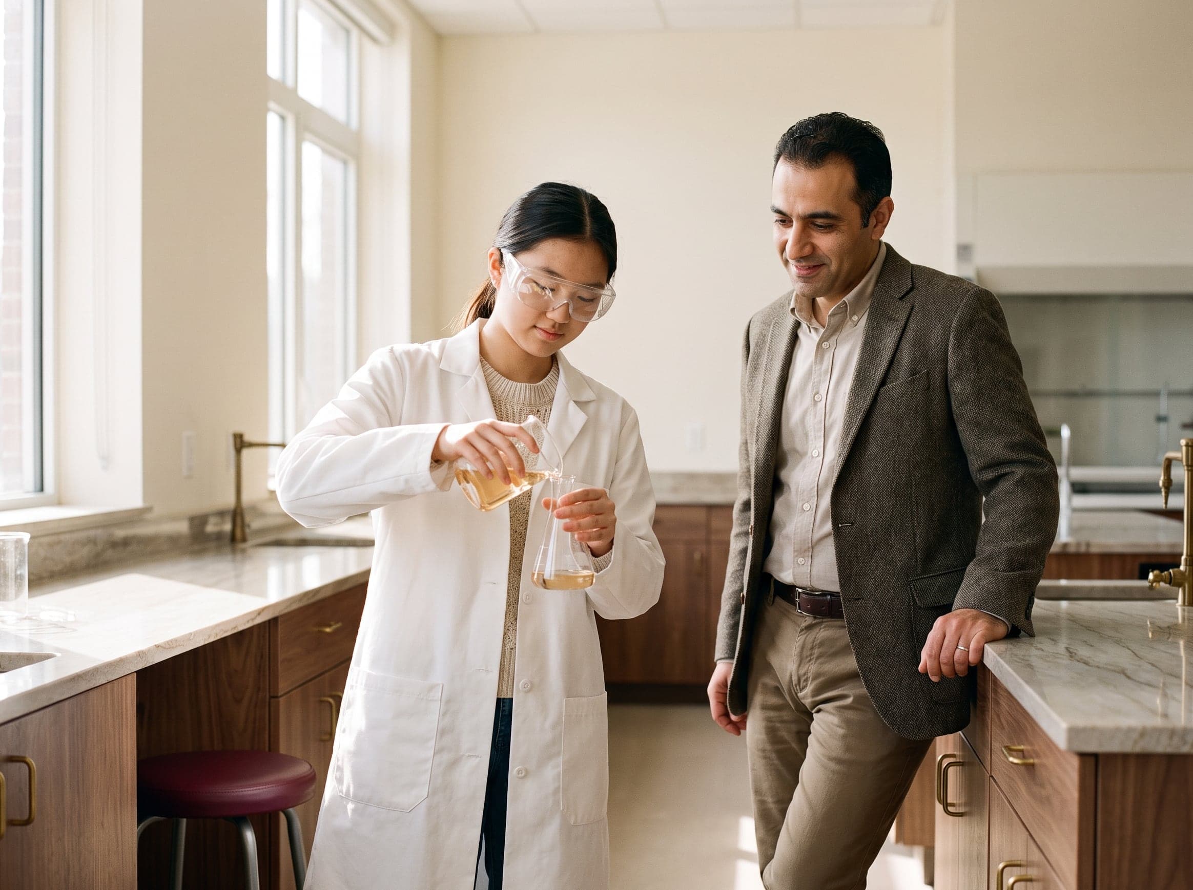 A student conducting a chemistry experiment with her teacher