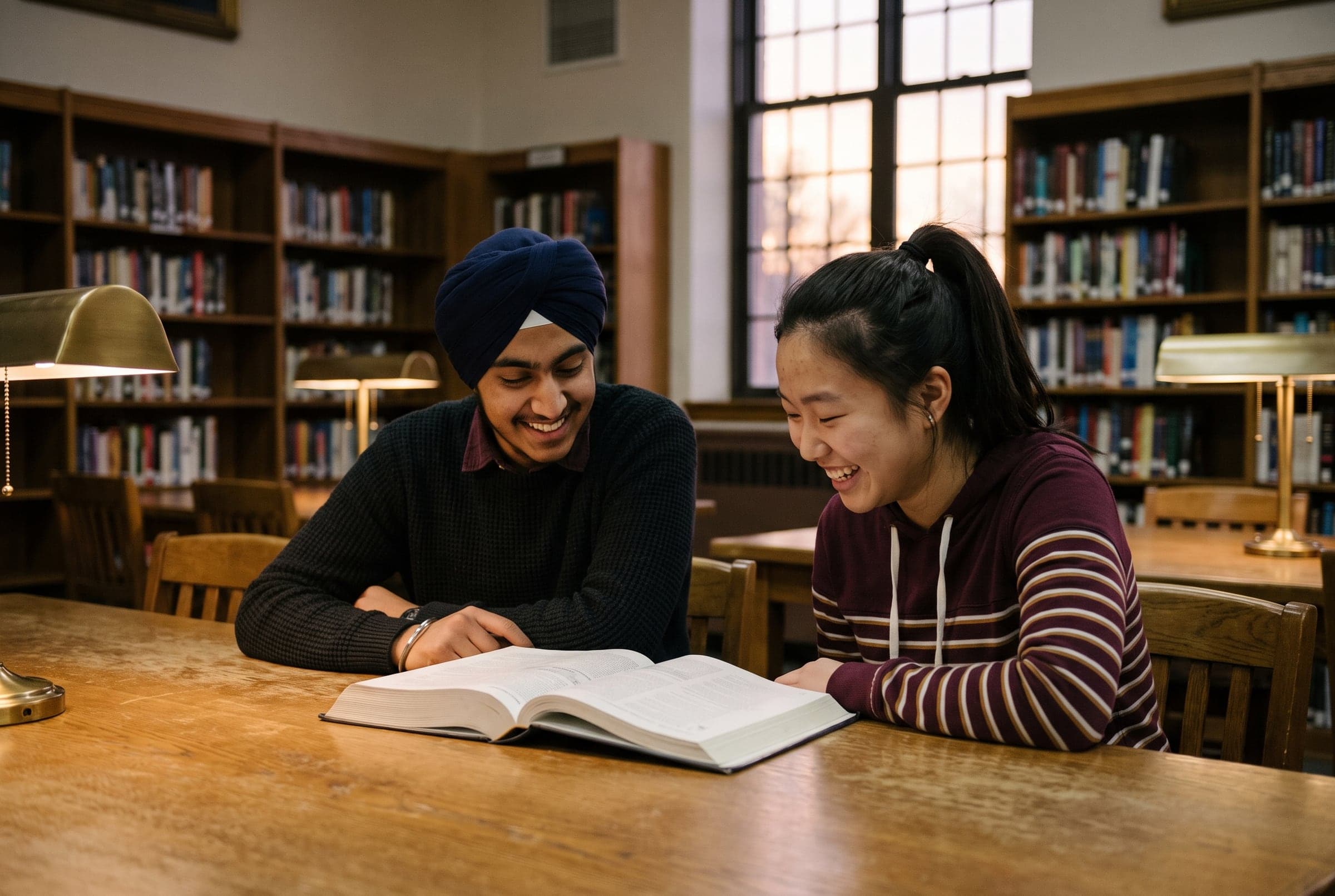 Two students studying together in a library